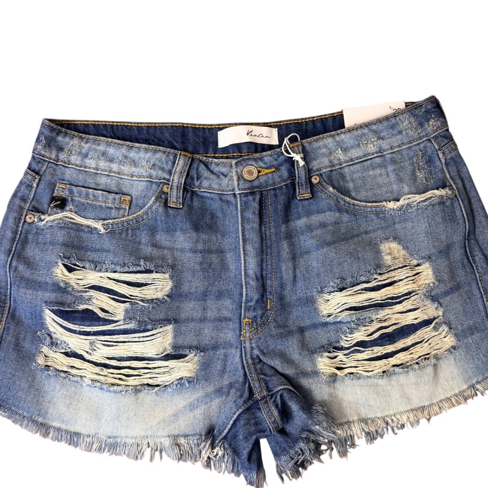 KanCan‎ Womens 9/28 Distressed Mid Rise Denim Shorts Medium Wash Blue Frayed Hem